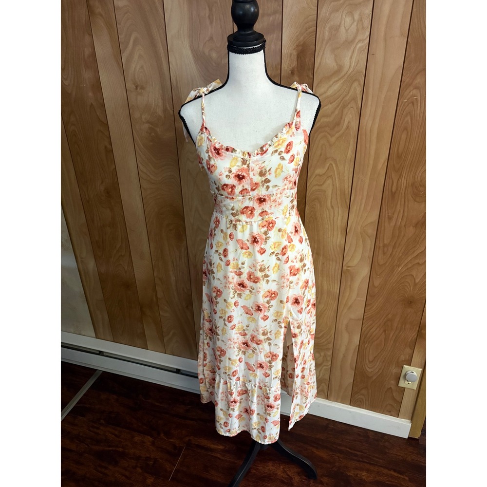 Abercrombie & Fitch Floral Tie Strap Midi Dress Orange Yellow XS Smocked Slit